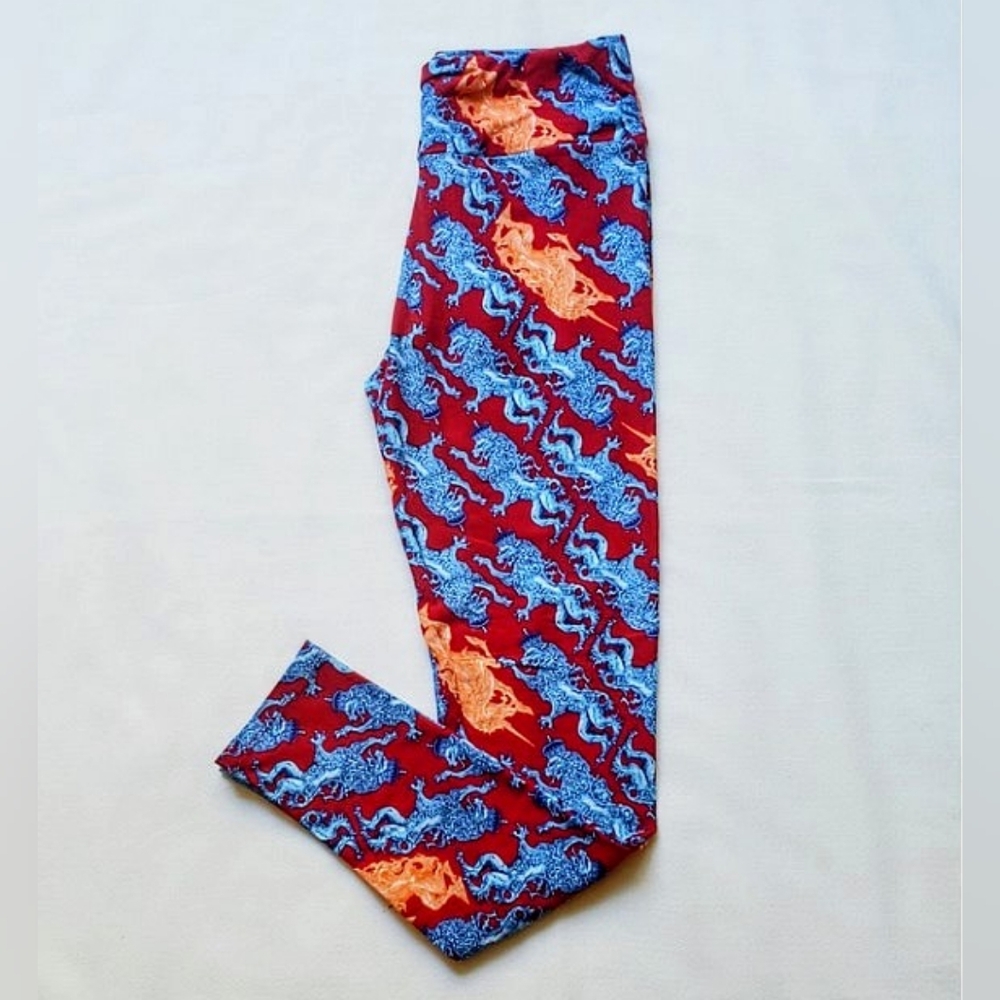 EUC Women's Lularoe Tall & Curvy Leggings Unicorn & Royal Lion Red/Blue/Orange